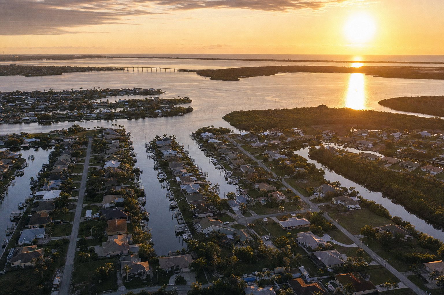 Charlotte Harbor at dawn with mangrove shoreline and calm water.