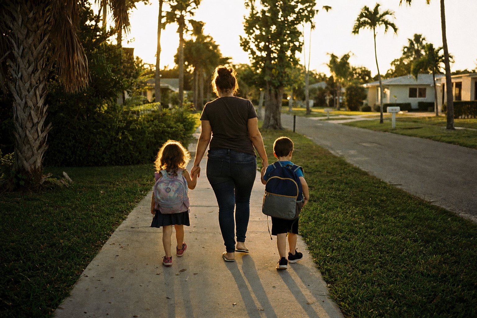 A parent and child walking together on a Southwest Florida street at dusk, seen from behind.