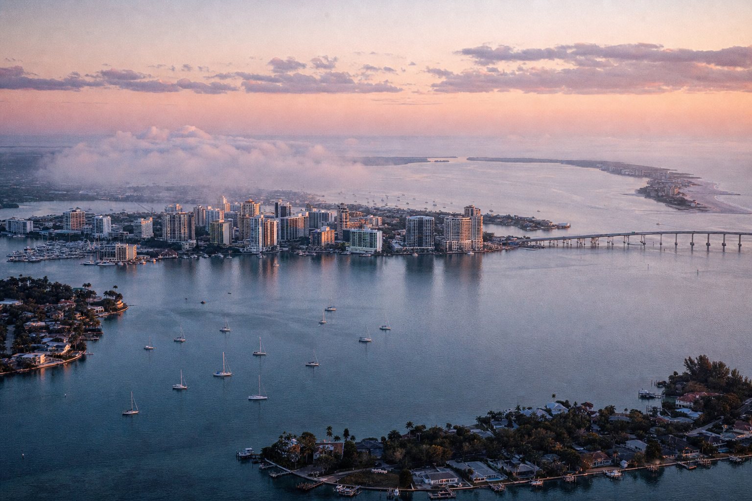 Aerial view of Sarasota Bay and the surrounding neighborhoods at first light.